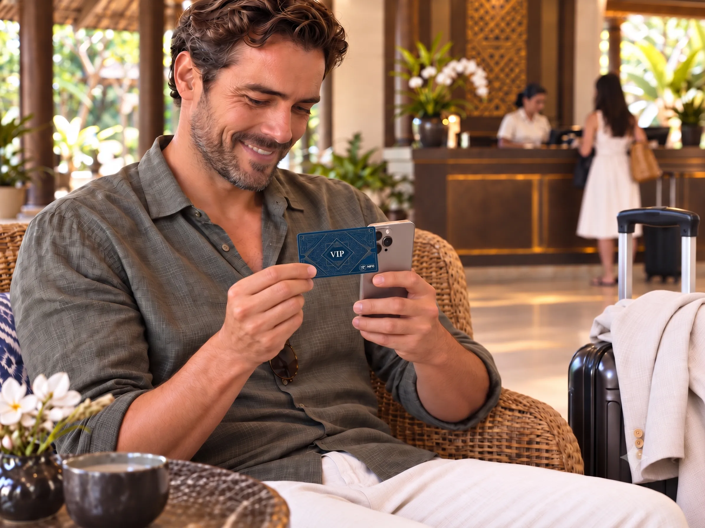 Hotel guest holding a PrivéTag card in a hotel lobby