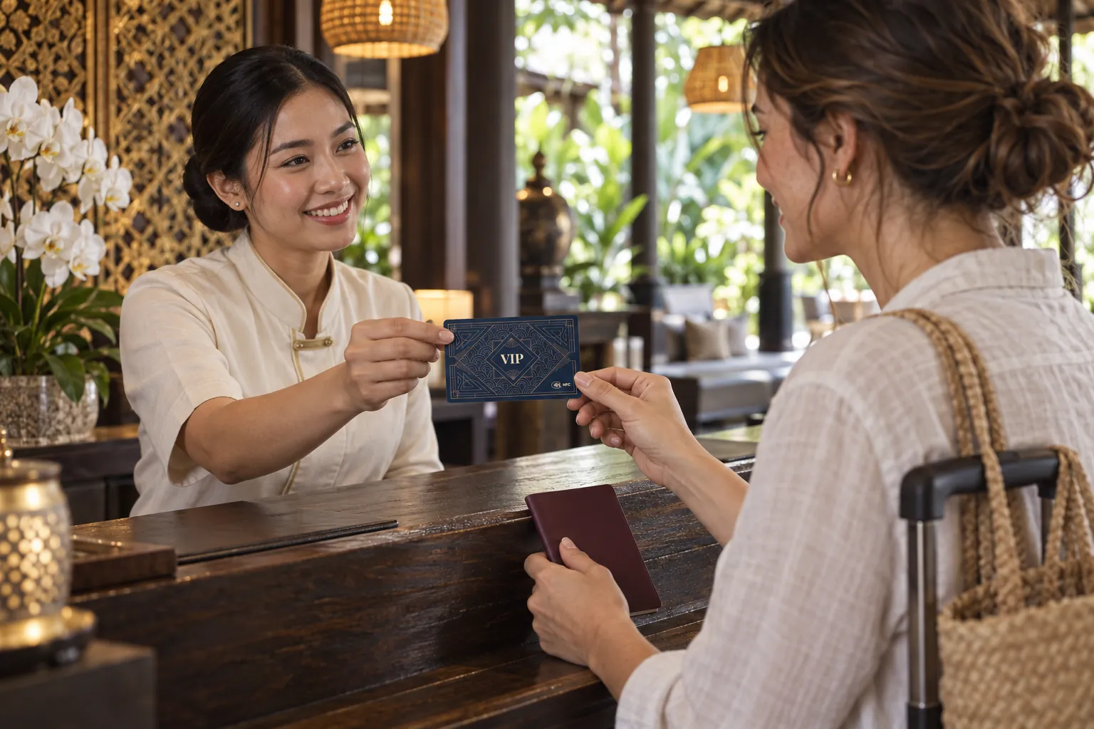 Hotel staff handing a PrivéTag card to a guest at check-in