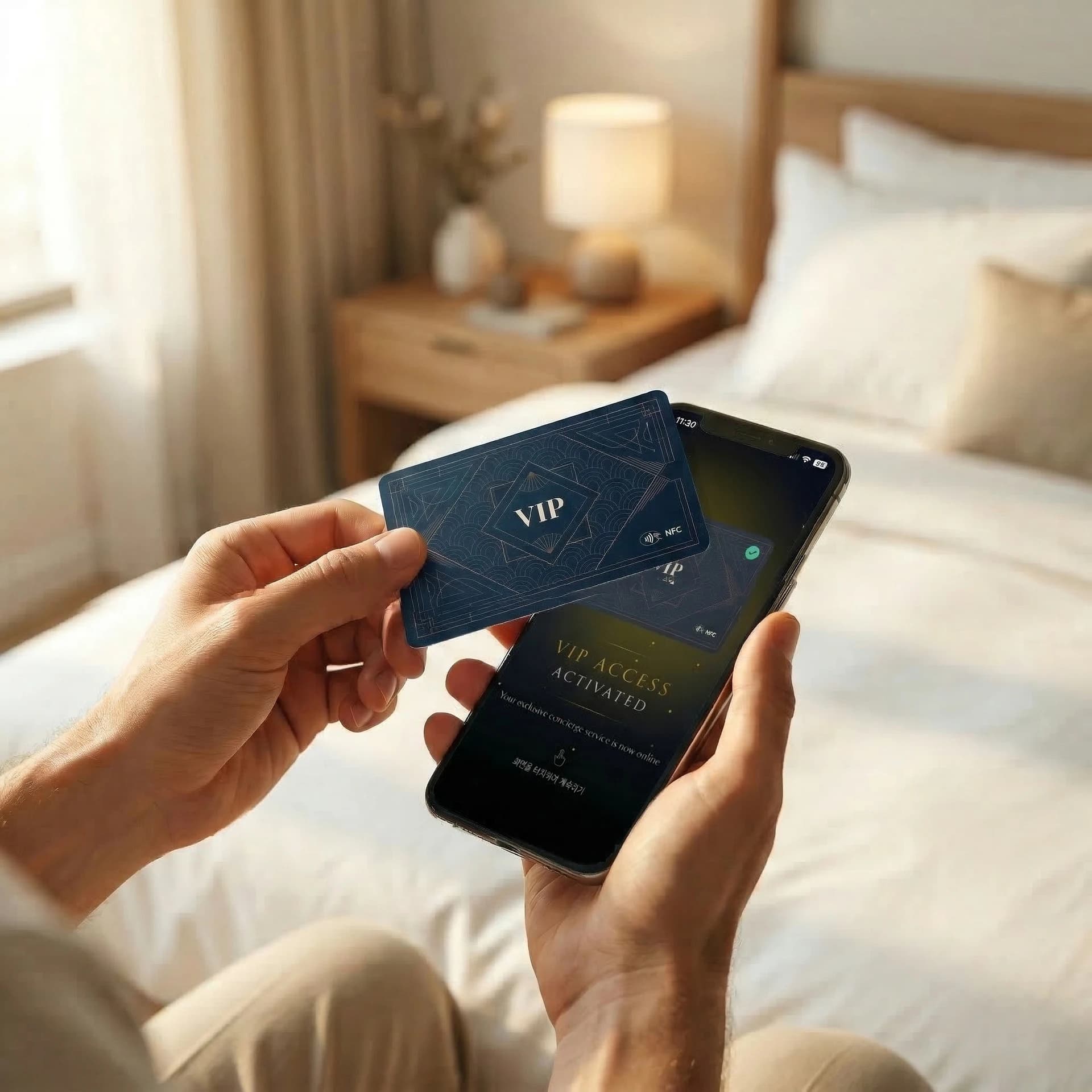 Hotel guest tapping NFC VIP card on smartphone for AI concierge access